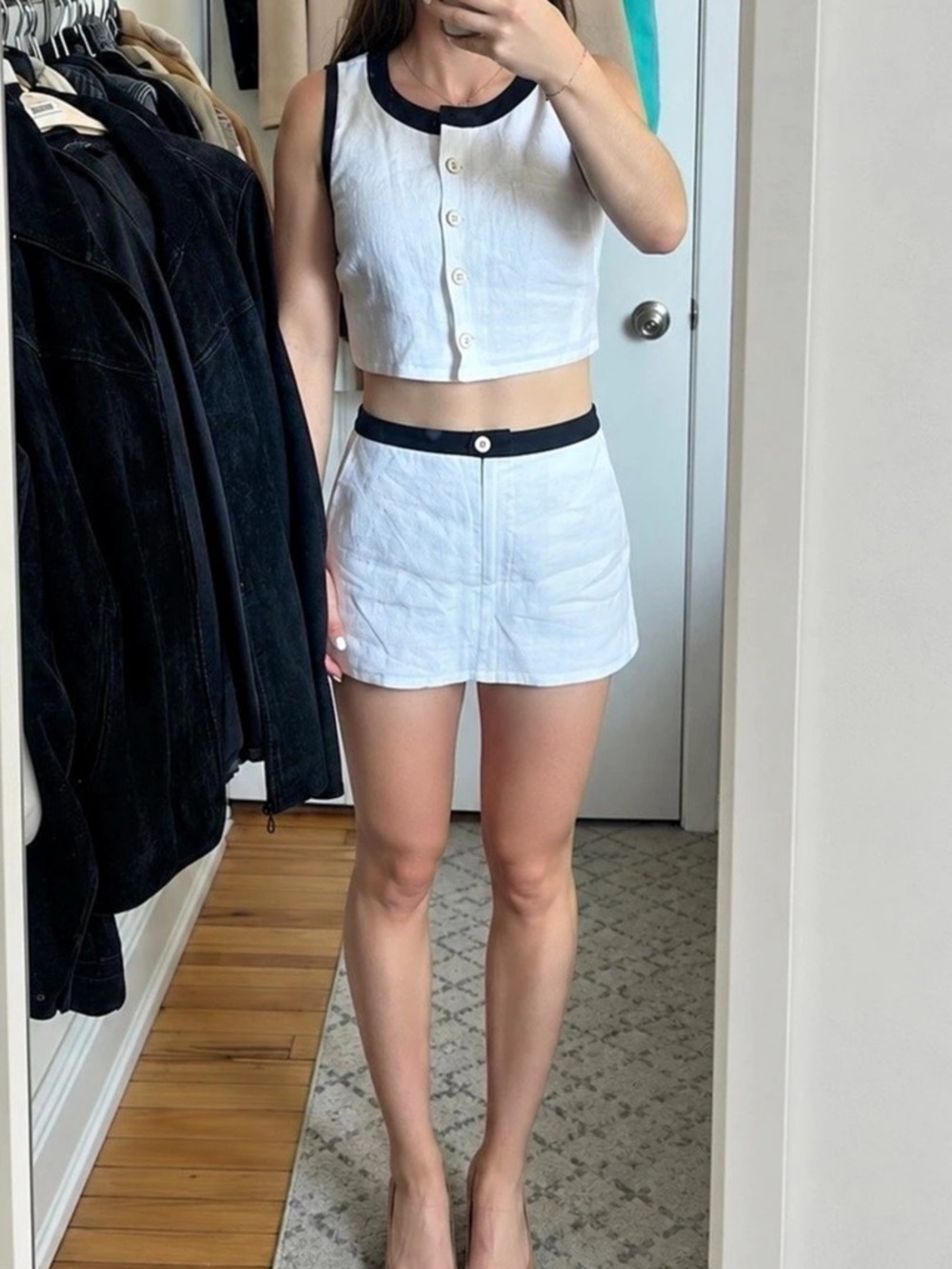 Reformation Lindsey Linen Two Piece White & Black Crop Top Set